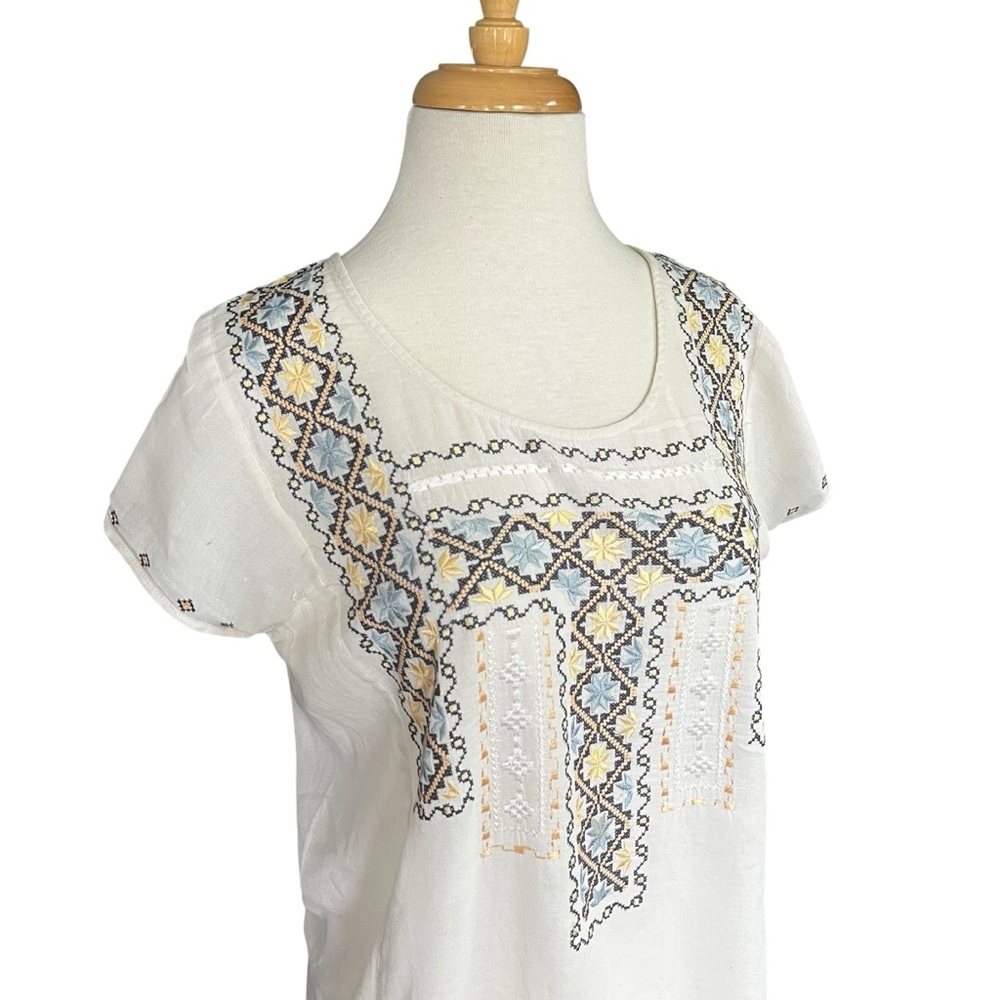 Embroidered Boho Peasant Blouse with Blue and Yellow Accents